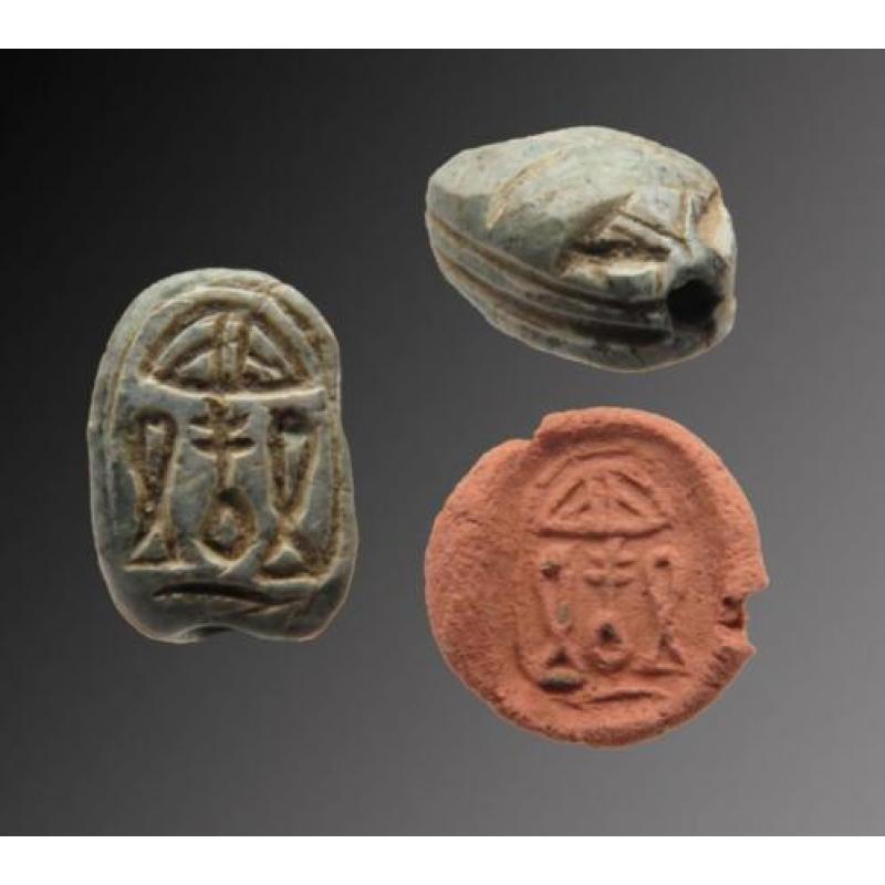 Egyptian soapstone scarab with hieroglyphs of Nefer, Sa and