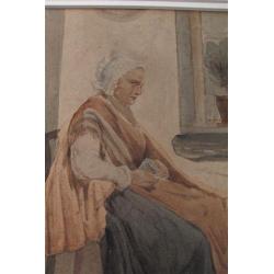 Aquarel Johannes Weiland 1856-1909 Vissersvrouw in interieur