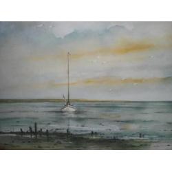 AQUAREL * RUSTIG ZEEGEZICHT * Zeilbootje op het Water *