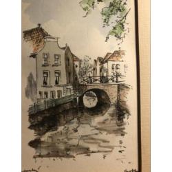 Aquarel Oudewater - Hobbe - Stad en Land - Klein -gesigneerd