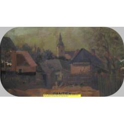 9742 - schilderij op karton dorpsgezicht met kerk - € 25