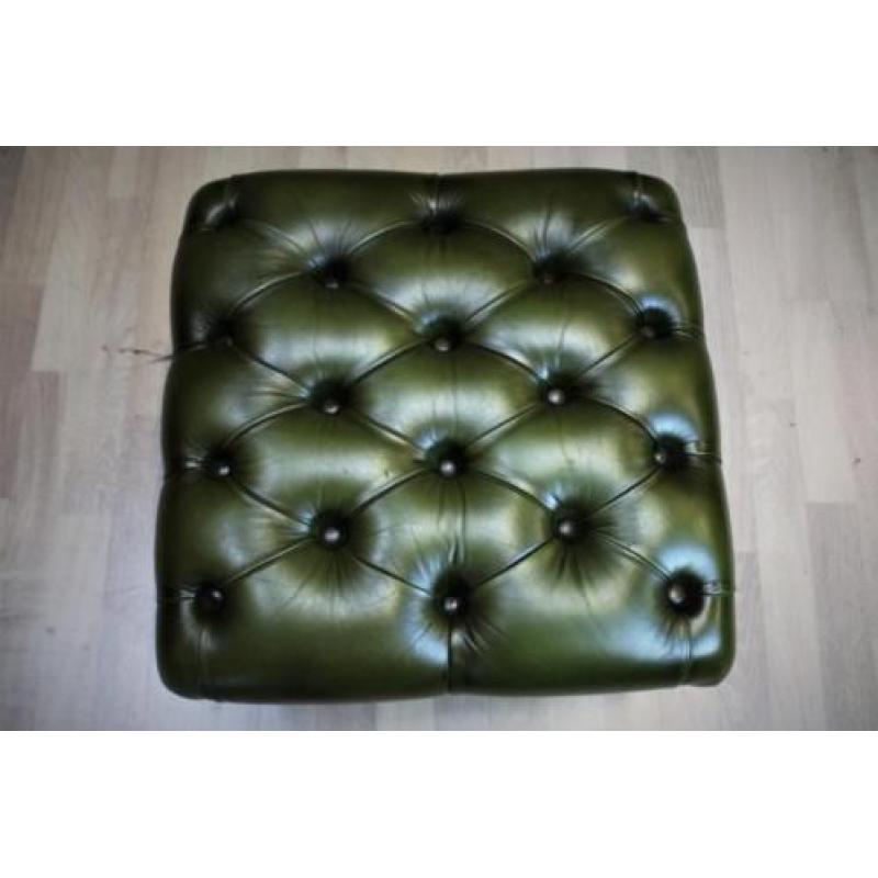 Original Chesterfield voetenbank, echt leer, groen als nieuw