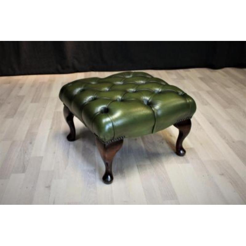 Original Chesterfield voetenbank, echt leer, groen als nieuw